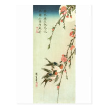 桃の花に燕, 広重 Peach Blossom and Swallow, Hiroshige Postcard