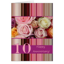 10th Wedding Anniversary Card -Pastel roses stripe