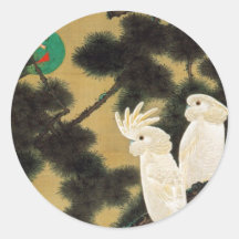 12. 老松鸚鵡図, 若冲 Pine-tree & Parrot, Jakuchū Round Sticker