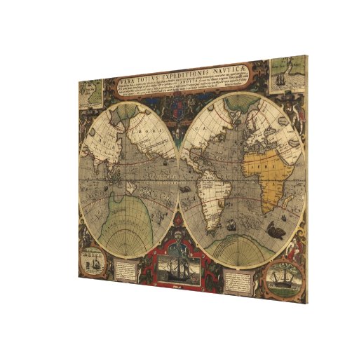 1595 Vintage World Map by Jodocus Hondius Stretched Canvas Print