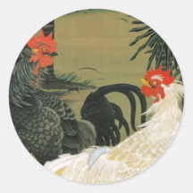 16. 棕櫚雄鶏図, 若冲 Palm Tree & Rooster, Jakuchū Round Sticker