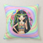 1960s Hippie Girl Flashing Peace Sign Pillow