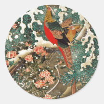 19. 雪中錦鶏図, 若冲 Pheasant in the Snow, Jakuchu Round Stickers