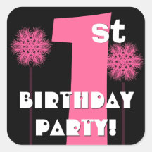 1st Birthday Party Pink Puffball Flowers Stickers