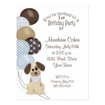 1st Birthday Party with Puppy & Balloons Postcards
