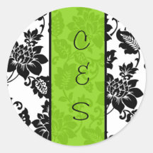 20 Black/Lime Green Floral Damask Wedding Stickers