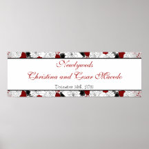 22.5"x 7.5" Personalised Banner Black Flowers Red Print