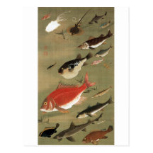 28. 群魚図, 若冲 Various Fishes, Jakuchū, Japan Art Postcard