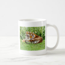 2 tigers resting on the grass coffee mug