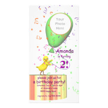 2nd Birthday Party Chicken Invite Green Balloon Photo Cards