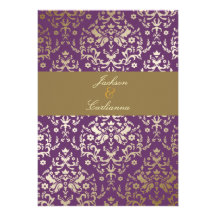 311-Dazzling Damask Gold Ivory Eggplant Invitations
