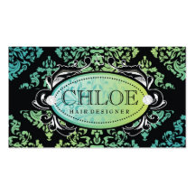 311-Luxuriously Turquoise n Lime Damask Monogram Business Card Templates