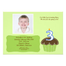 3 THREE year old CUPCAKE PHOTO BIRTHDAY INVITE