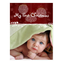 3 White Ornaments First Christmas Photo Postcard