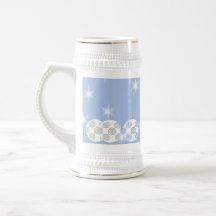 3 White Swirly Christmas Baubles. On Blue. Mugs