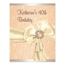 40th Birthday Apricot Cream Metal Jewel Ribbon Personalized Invitation
