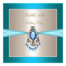 40th Birthday Elegant Teal Blue Cream  Jewel Personalised Invites