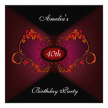 40th Birthday Party Red Floral Black Invitation