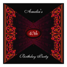40th Birthday Party Red Floral Black Invitation 2