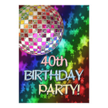 40th invitation with disco ball and rainbow stars