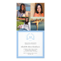4 Photo collage blue wreath monogram graduation photo cards