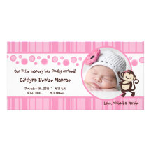 4x8 Pink Pop Monkey Girl Photo Birth Announcement Custom Photo Card