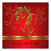 50th Birthday Red Gold Black floral Jewel Announcement