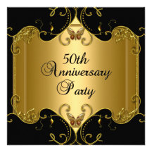 50th Wedding Anniversary Gold Black Butterfly Invitations
