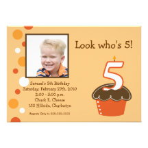 5 FIVE year old CUPCAKE PHOTO BIRTHDAY Orange Custom Invites