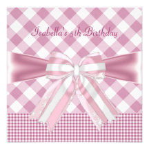 5th Birthday Party Pretty Pink Bow Gingham Check Personalized Invitation