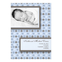 5x7 Boy Blue Fleur De Li Photo Birth Announcement