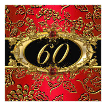 60th Birthday Party Damask Red Gold Black Custom Invite