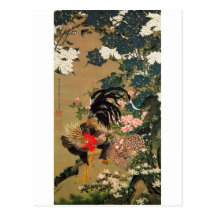 6. 紫陽花双鶏図, 若冲 Hydrangea and Rooster, Jakuchū Postcard