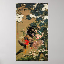6. 紫陽花双鶏図, 若冲 Hydrangea and Rooster, Jakuchū Posters