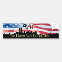 9/11 Remembered NY Skyline and Waving Flag Bumper Stickers