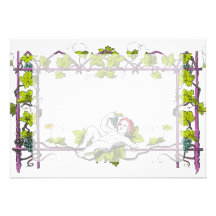 A cherub lounging on a trellis eating grapes invites