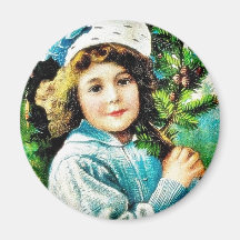 A christmas greeting with a girl carrying christma fridge magnet