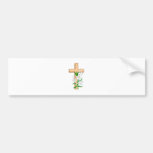 A Cross Standing Behind A White Flower Bumper Sticker