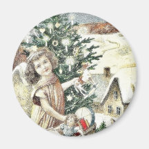 A girl standing with basket of gifts near christma refrigerator magnet