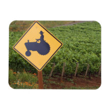 A yellow tractor crossing sign in the vineyard rectangular magnets