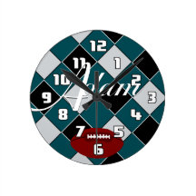 Adam Football Green Black Silver Checked Clock