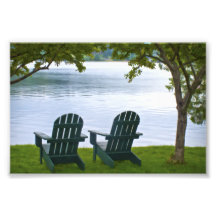 Adirondack Chairs facing a Lake Photo