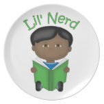 Adorable Lil' Nerd African American Boy Reading Dinner Plates