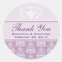 African Violet & Silver Damask Wedding Labels Round Sticker