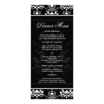 All Black w/ White Damask Elegant Slim Dinner Menu Personalised Rack Card