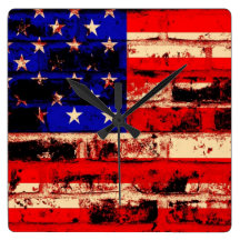 American Flag on Cracked Brick Wall Wall Clocks