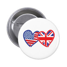 American Flag/Union Jack Flag Hearts Pinback Button