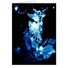 Angel in blue on black Christmas card