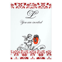 ANGEL PAINTING A RED FLOWER DAMASK MONOGRAM ice Personalized Invite