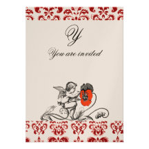 ANGEL PAINTING A RED FLOWER DAMASK MONOGRAM INVITATIONS
